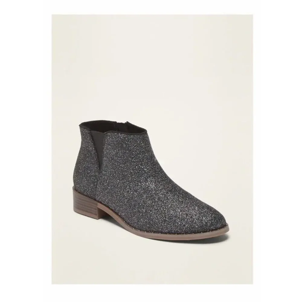 Old Navy Black Shimmer Glitter Side Zip Girls’ Chelsea Ankle Boots Shoes Size 1
